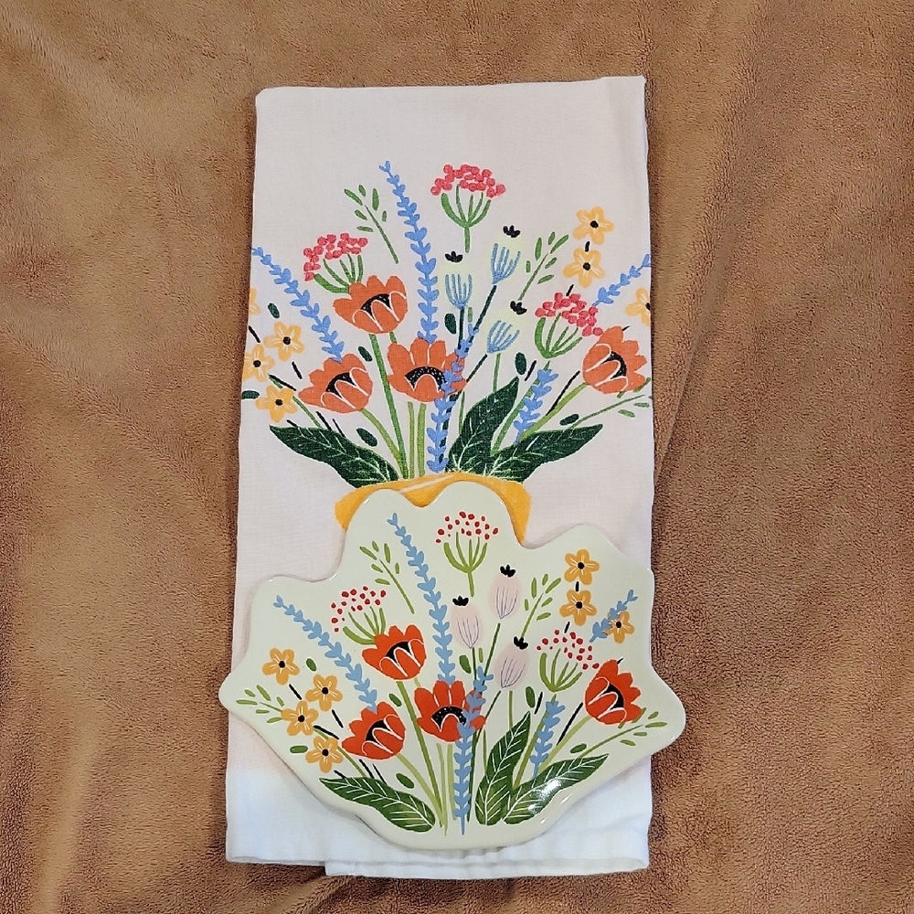 Floral Kitchen Towel and Matching Flat Dish Set